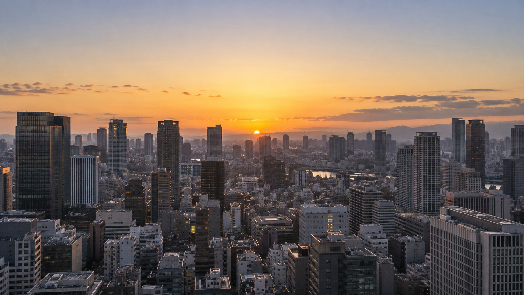 青みを残すビル街に朝日が昇り始める夜明けのイメージ